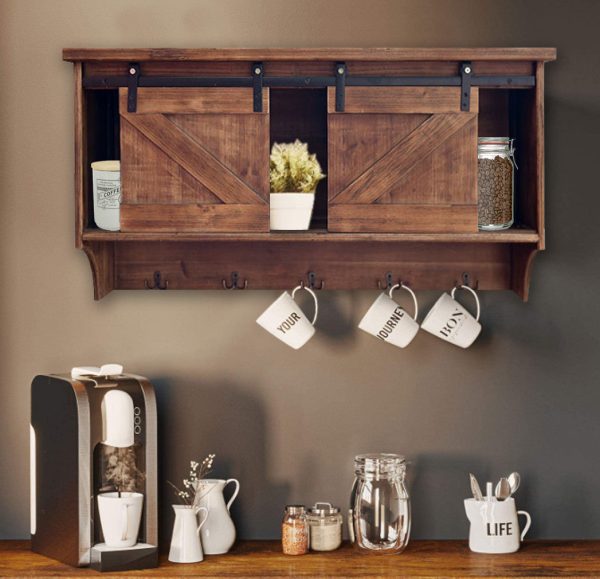 Rustic Wooden Shelf with Barn Door Storage and Hooks By Homeroots For Cheap