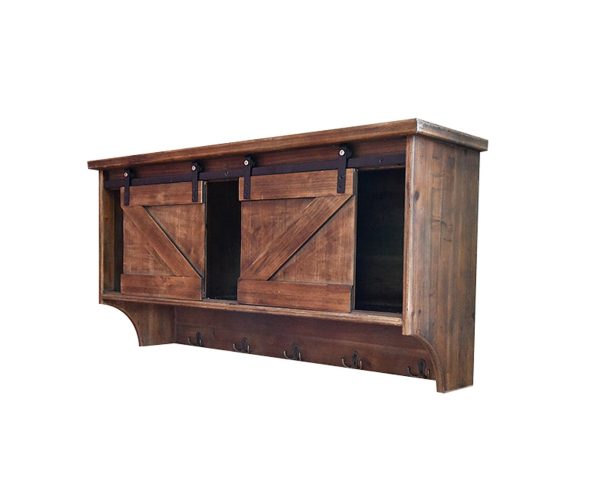 Rustic Wooden Shelf with Barn Door Storage and Hooks By Homeroots For Cheap - Image 3
