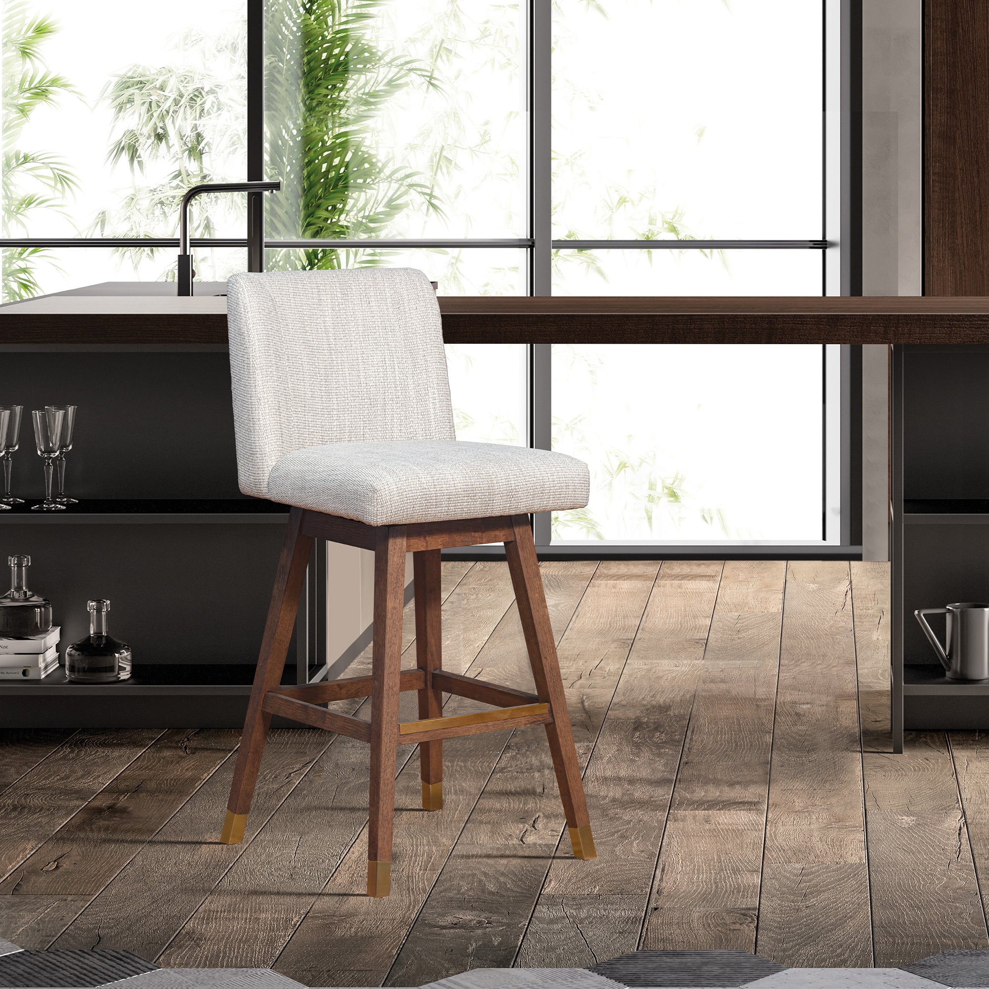 Basila Swivel Bar Stool in Brown Oak Wood Finish with Beige Fabric By Armen Living Sale