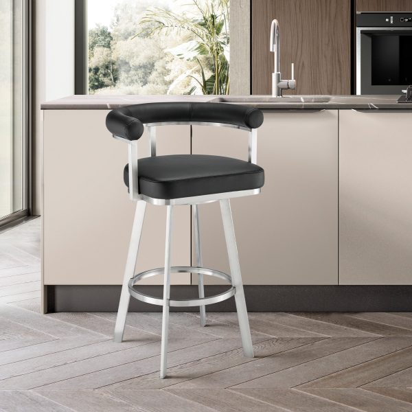 Nolagam Swivel Counter Stool in Brushed Stainless Steel with Black Faux Leather By Armen Living Online