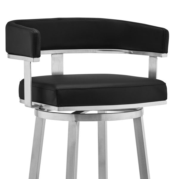 Lorin 26  Black Faux Leather and Brushed Stainless Steel Swivel Bar Stool By Armen Living Online - Image 5