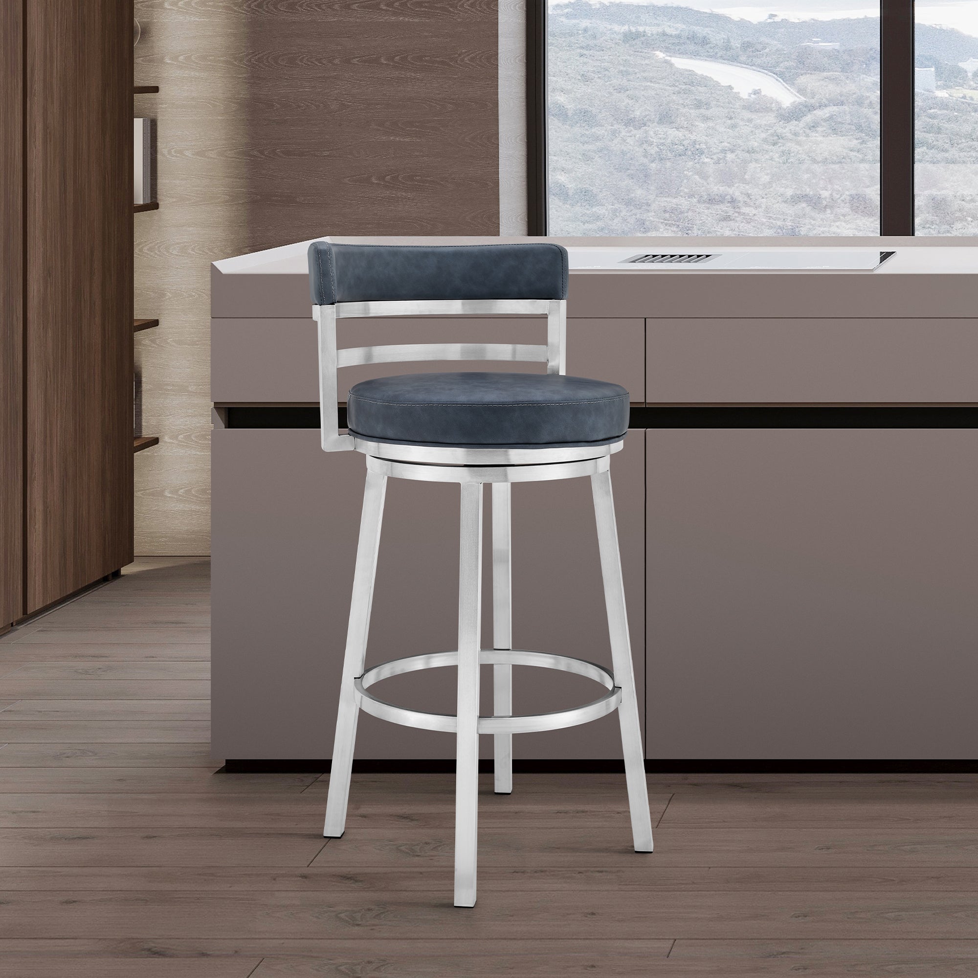 Titana 26  Counter Height Swivel Blue Faux Leather and Brushed Stainless Steel Bar Stool By Armen Living For Cheap