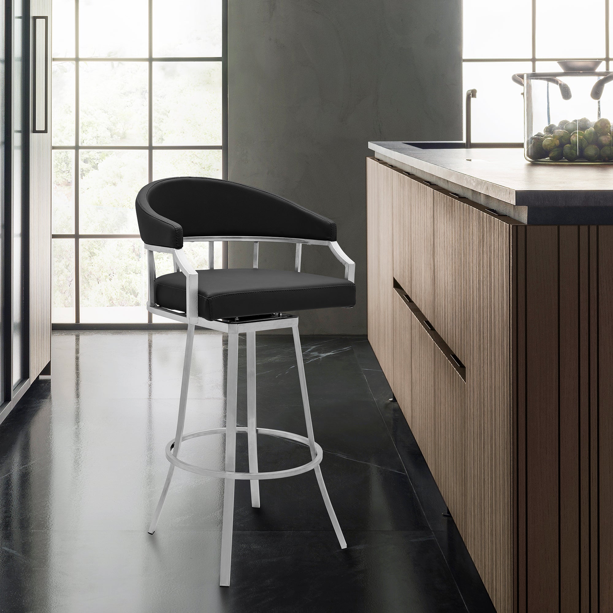 Palmdale Swivel Modern Black Faux Leather 30  Barstool in Brushed Stainless Steel Finish By Armen Living For Discount