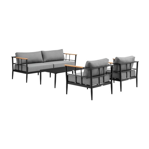 Shari Outdoor Patio 4-Piece Lounge Set in Aluminum with Teak Wood and Grey Cushions By Armen Living For Cheap - Image 2
