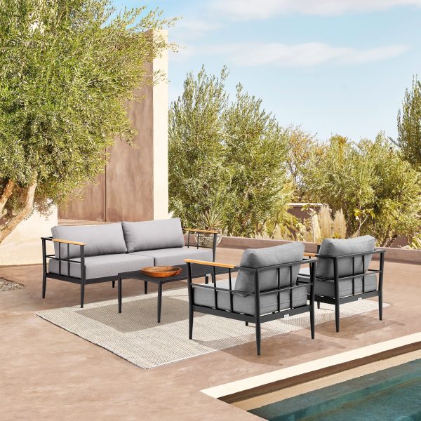 Shari Outdoor Patio 4-Piece Lounge Set in Aluminum with Teak Wood and Grey Cushions By Armen Living For Cheap