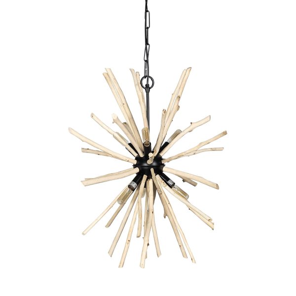 Wood and Metal Starburst Six Bulb Hanging Light By Homeroots For Sale - Image 2