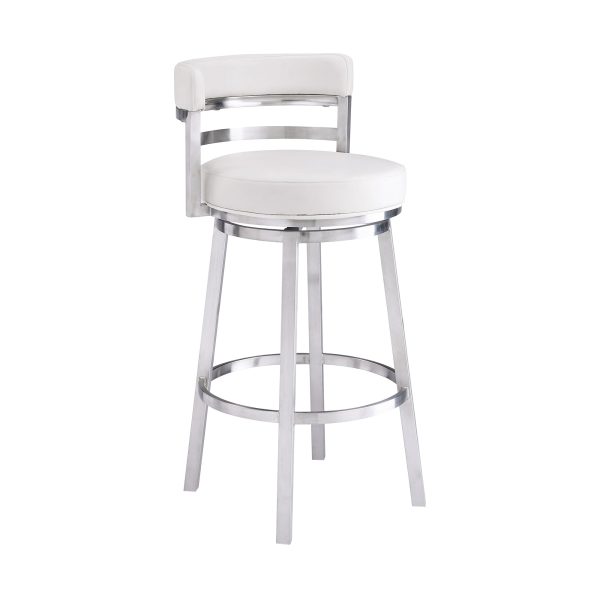 Titana 30  Bar Height Swivel White Faux Leather and Brushed Stainless Steel Bar Stool By Armen Living For Sale - Image 2