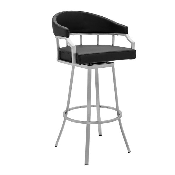 Palmdale Swivel Modern Black Faux Leather 30  Barstool in Brushed Stainless Steel Finish By Armen Living For Discount - Image 2