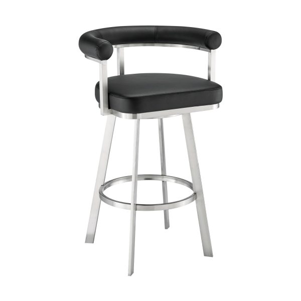 Nolagam Swivel Counter Stool in Brushed Stainless Steel with Black Faux Leather By Armen Living Online - Image 2