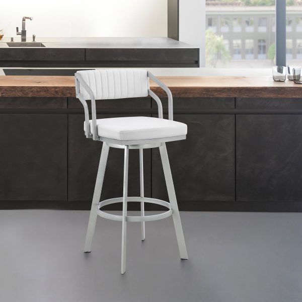 Capri 26  Swivel White Faux Leather and Silver Metal Bar Stool By Armen Living on Sale