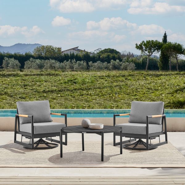 Royal and Tiffany 3 Piece Outdoor Patio Swivel Seating Set in Black Aluminum with Teak Wood and Grey Cushions By Armen Living Cheap