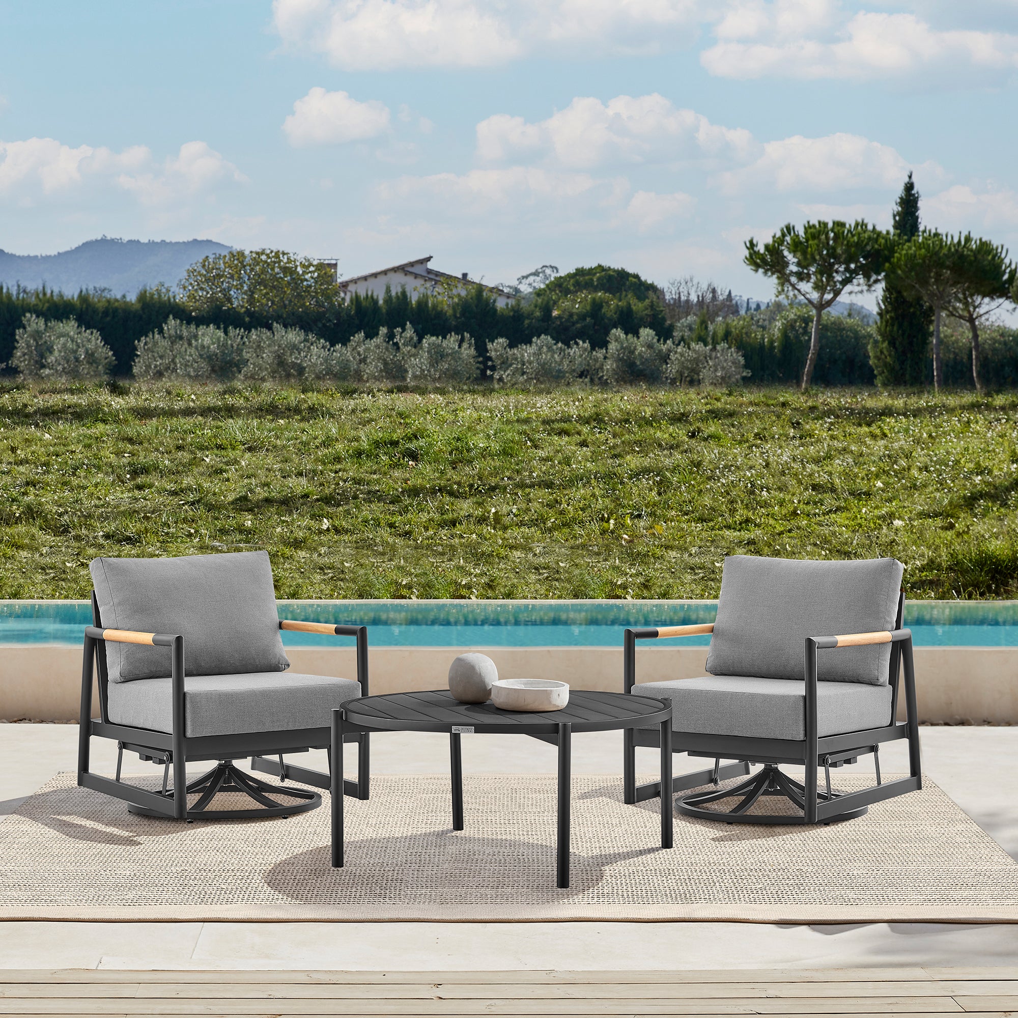 Royal and Tiffany 3 Piece Outdoor Patio Swivel Seating Set in Black Aluminum with Teak Wood and Grey Cushions By Armen Living Cheap