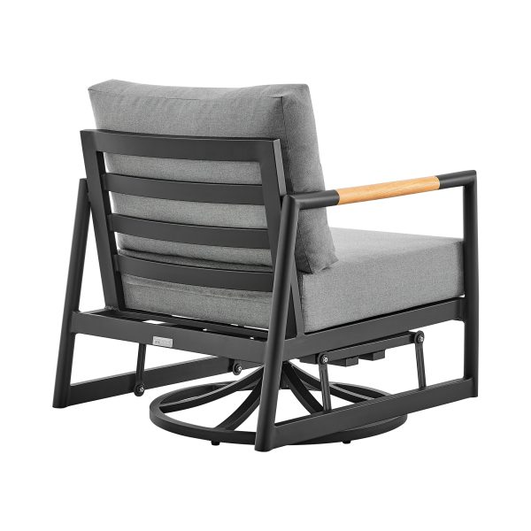 Royal and Tiffany 3 Piece Outdoor Patio Swivel Seating Set in Black Aluminum with Teak Wood and Grey Cushions By Armen Living Cheap - Image 5