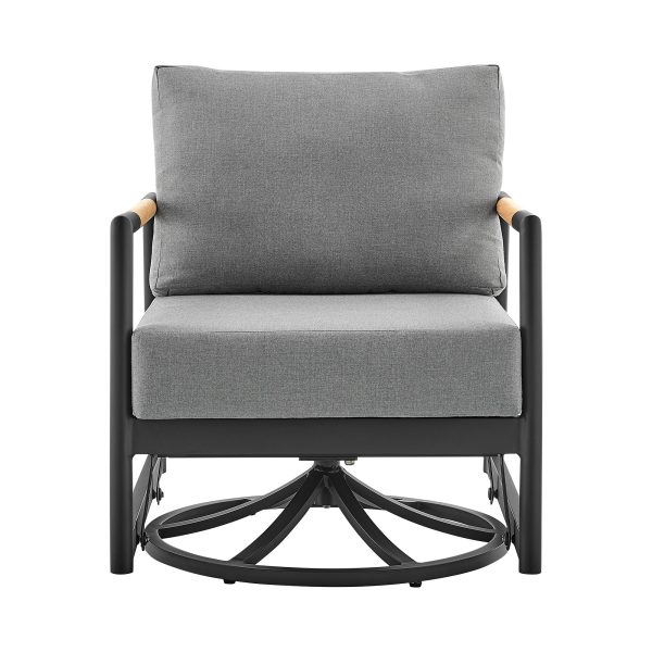 Royal and Tiffany 3 Piece Outdoor Patio Swivel Seating Set in Black Aluminum with Teak Wood and Grey Cushions By Armen Living Cheap - Image 4