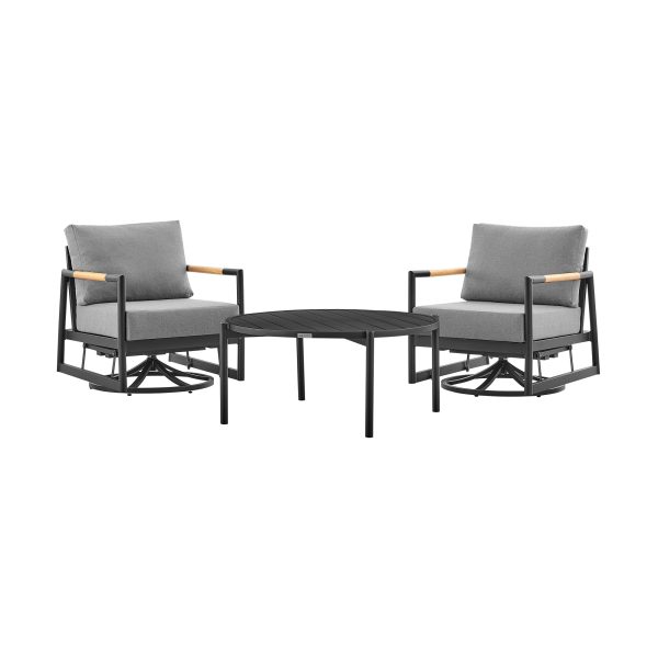 Royal and Tiffany 3 Piece Outdoor Patio Swivel Seating Set in Black Aluminum with Teak Wood and Grey Cushions By Armen Living Cheap - Image 2